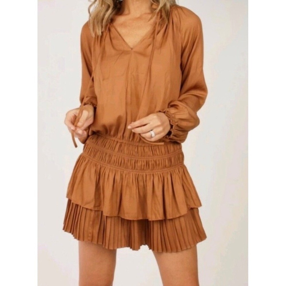 Current Air Rust Brown Ruffle Pleated Mini Satin Dress Women Boho Feminine